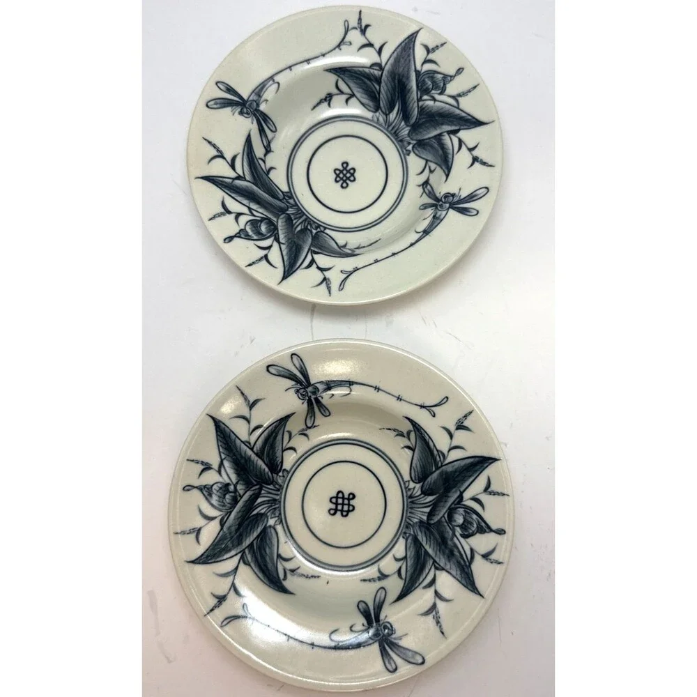 Bat Trang Vietnamese Hand Painted Pottery 2 Bowl heart trinket dish Dragonflies